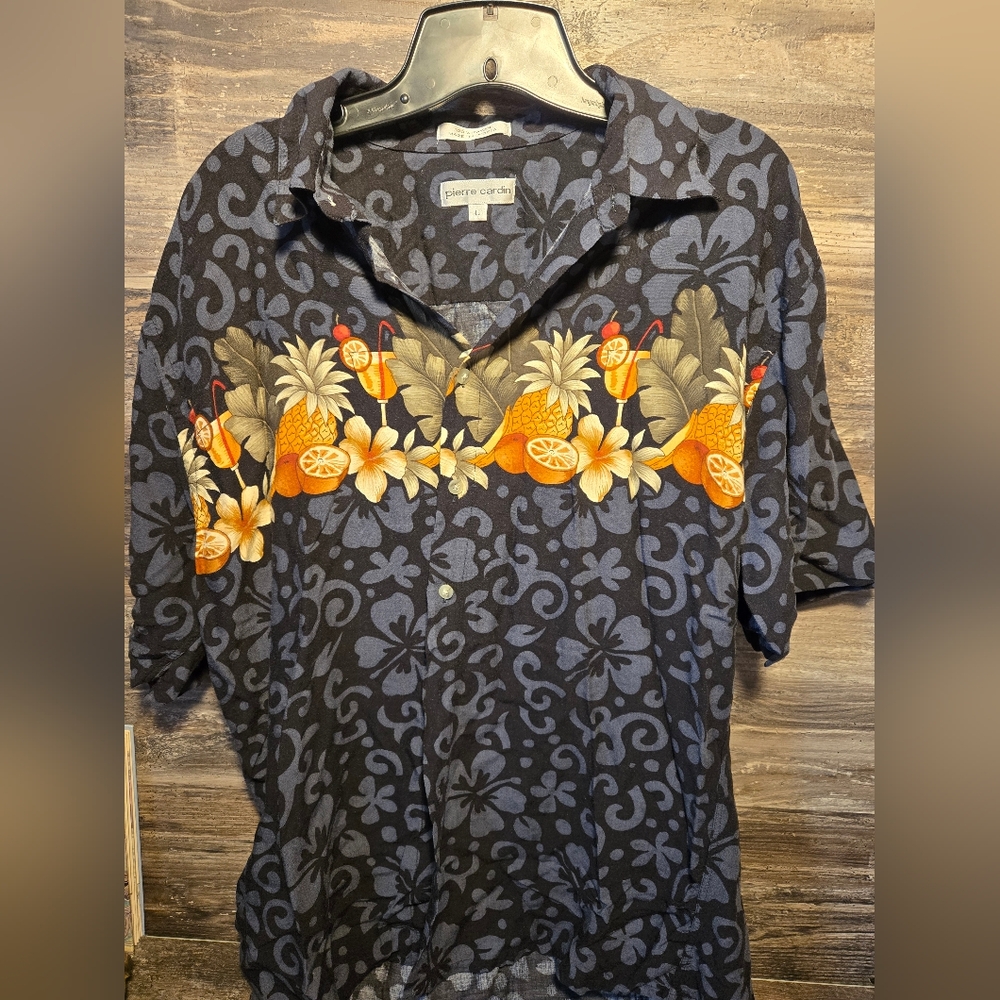 Vtg Pierre Cardin Hawaiian Luau Tropical Fruit‎ Button Down Shirt Size Large